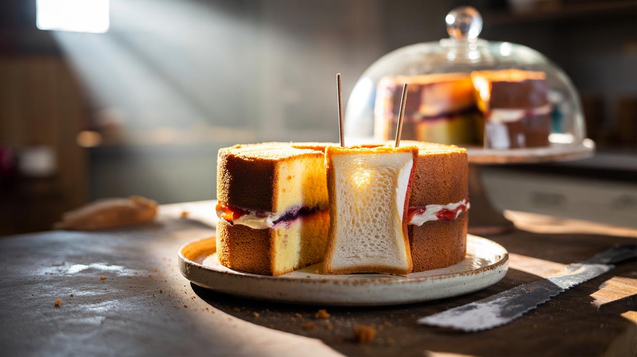 Illustration of a slice of bread pressed against the cut edge of a cake to keep it from drying out