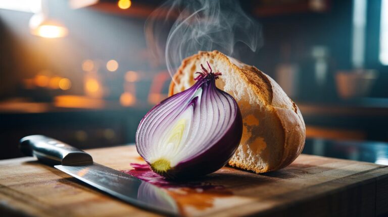Illustration of a slice of bread placed beside freshly cut onions on a kitchen cutting board, absorbing irritant gases to reduce eye tearing