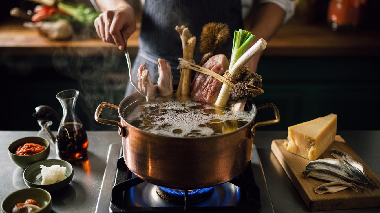Illustration of a stockpot at a gentle simmer extracting umami from bones, aromatics, kombu, and dried mushrooms to build a rich broth base for simple stews
