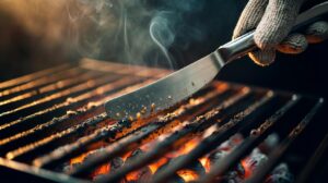 Illustration of a butter knife gently scraping charred bits from warm grill grates