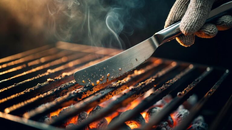 Illustration of a butter knife gently scraping charred bits from warm grill grates