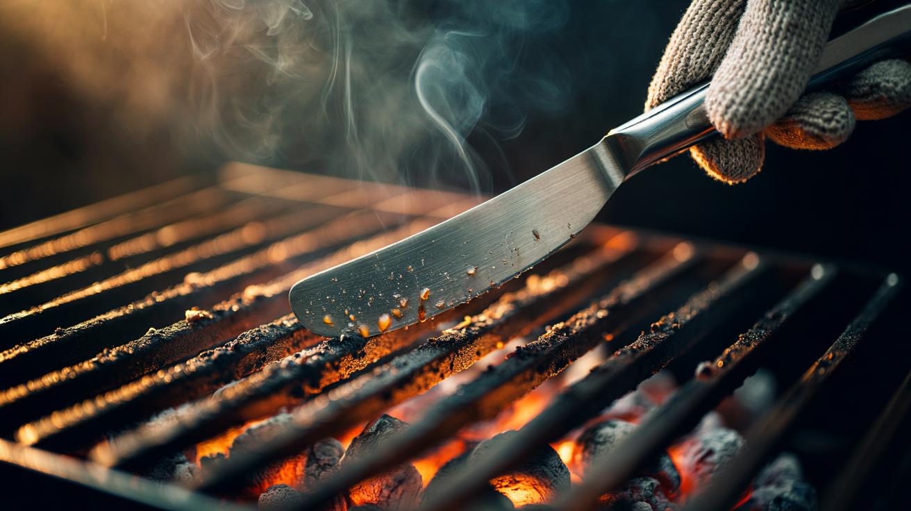 Illustration of a butter knife gently scraping charred bits from warm grill grates