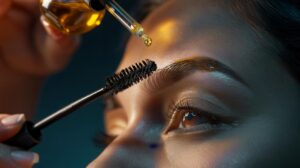 Illustration of a nightly dab of castor oil being brushed onto sparse eyebrows with a clean spoolie to condition hairs and support follicle health