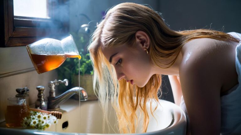 Illustration of chamomile flowers and raw honey used as a hair rinse to neutralise brassy orange tones in blonde hair