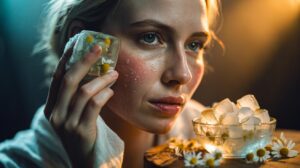 Illustration of chamomile ice cubes applied with a cloth to calm rosacea facial redness through cold and apigenin