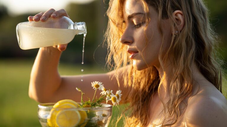 Illustration of a chamomile and lemon hair rinse being applied to blonde hair for a natural sun-kissed glow