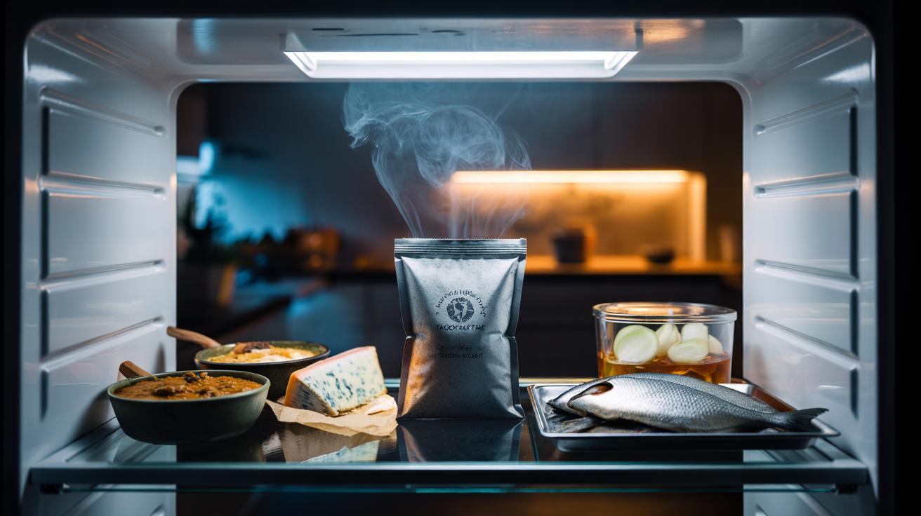 Illustration of an activated charcoal bag inside a refrigerator, placed on a shelf among food items, trapping odours