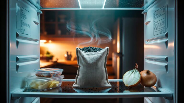 Illustration of a charcoal bag positioned near the rear vent inside a refrigerator to trap odours with porous activated carbon
