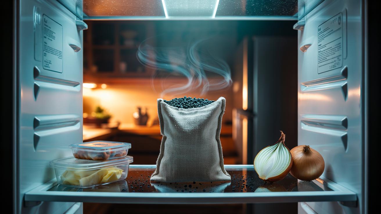 Illustration of a charcoal bag positioned near the rear vent inside a refrigerator to trap odours with porous activated carbon