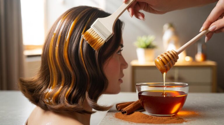 Illustration of a cinnamon and honey mixture being applied to hair to lighten it naturally without bleach