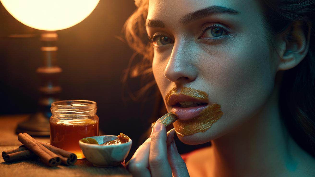 Illustration of a cinnamon and honey paste applied to upper-lip hair to gently lighten it overnight via natural peroxide