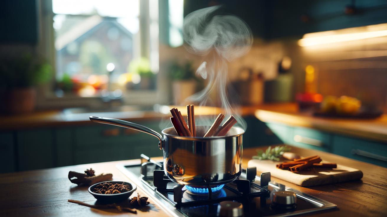 Illustration of a saucepan gently simmering cinnamon sticks in water on a hob, releasing aromatic steam to mask household odours