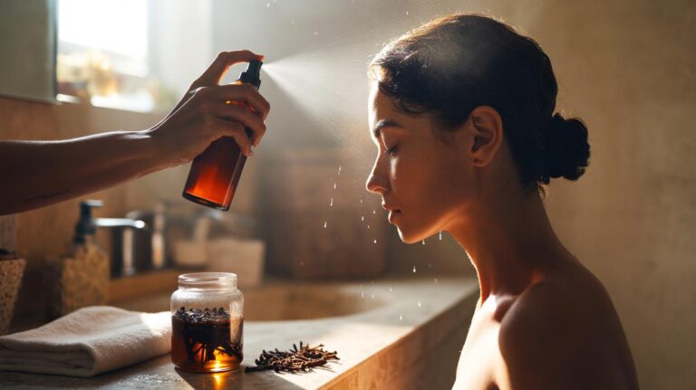 Illustration of a person applying a clove water hair rinse to the scalp with a spray bottle, beside a jar of clove infusion and whole cloves