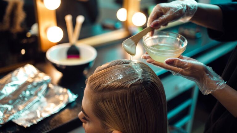 Illustration of a stylist applying a thin film of coconut oil to hair before bleaching to minimize damage