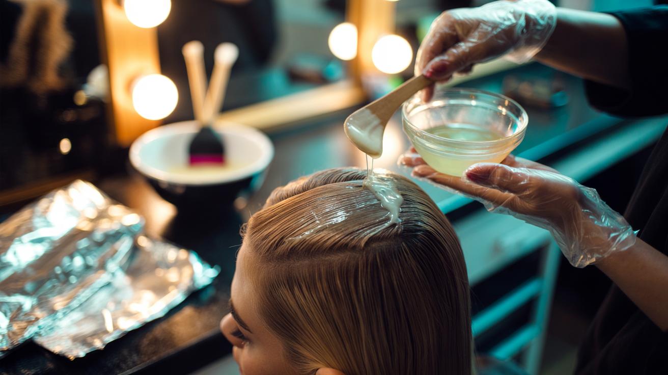 Illustration of a stylist applying a thin film of coconut oil to hair before bleaching to minimize damage