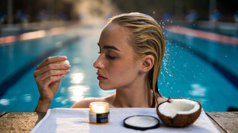 Illustration of a swimmer applying coconut oil to their hair before putting on a swim cap at a pool to prevent chlorine-induced green tint