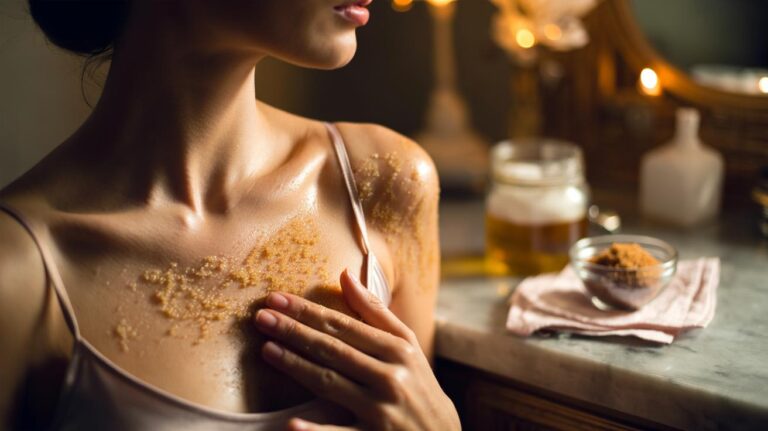 Illustration of a coconut oil and brown sugar scrub being gently massaged onto the décolleté to lift dead skin and reveal a smoother glow