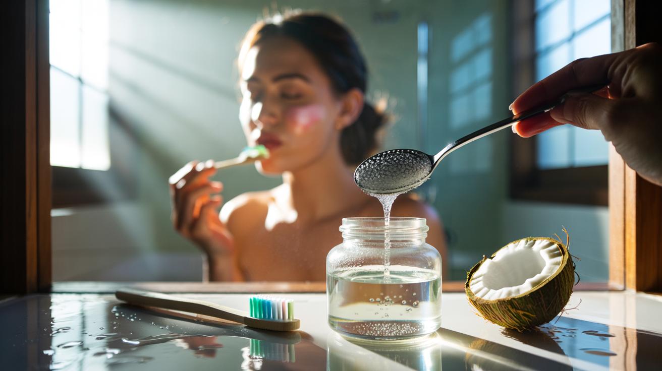 Illustration of coconut oil pulling to freshen breath by swishing coconut oil to remove oral bacteria