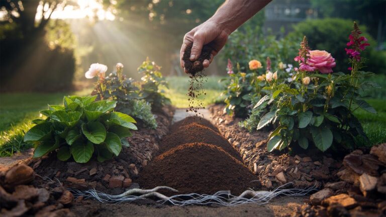 Illustration of coffee grounds used as mulch in a flower bed, enriching the soil with nitrogen and supporting plant growth