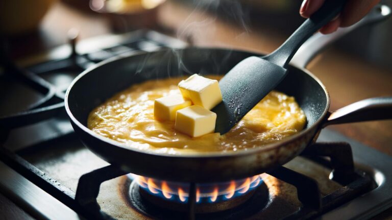 Illustration of tiny cubes of cold butter melting into softly set scrambled eggs in a non-stick pan