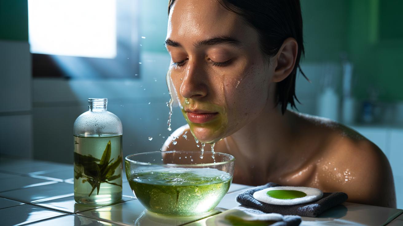 Illustration of a person splashing chilled green tea on their face to reduce morning puffiness