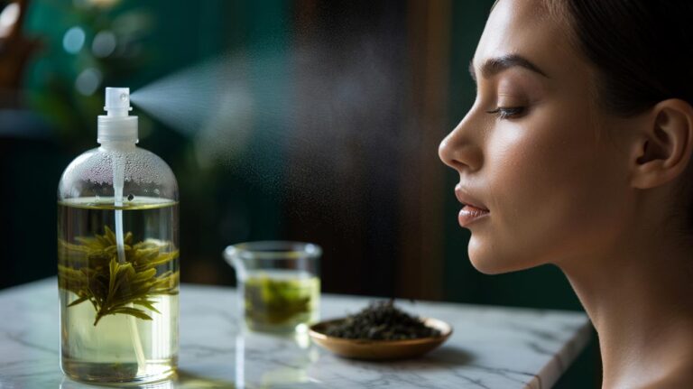 Illustration of a chilled green tea setting spray being misted onto a model's face, with tannins acting as a grip primer for 12-hour makeup wear