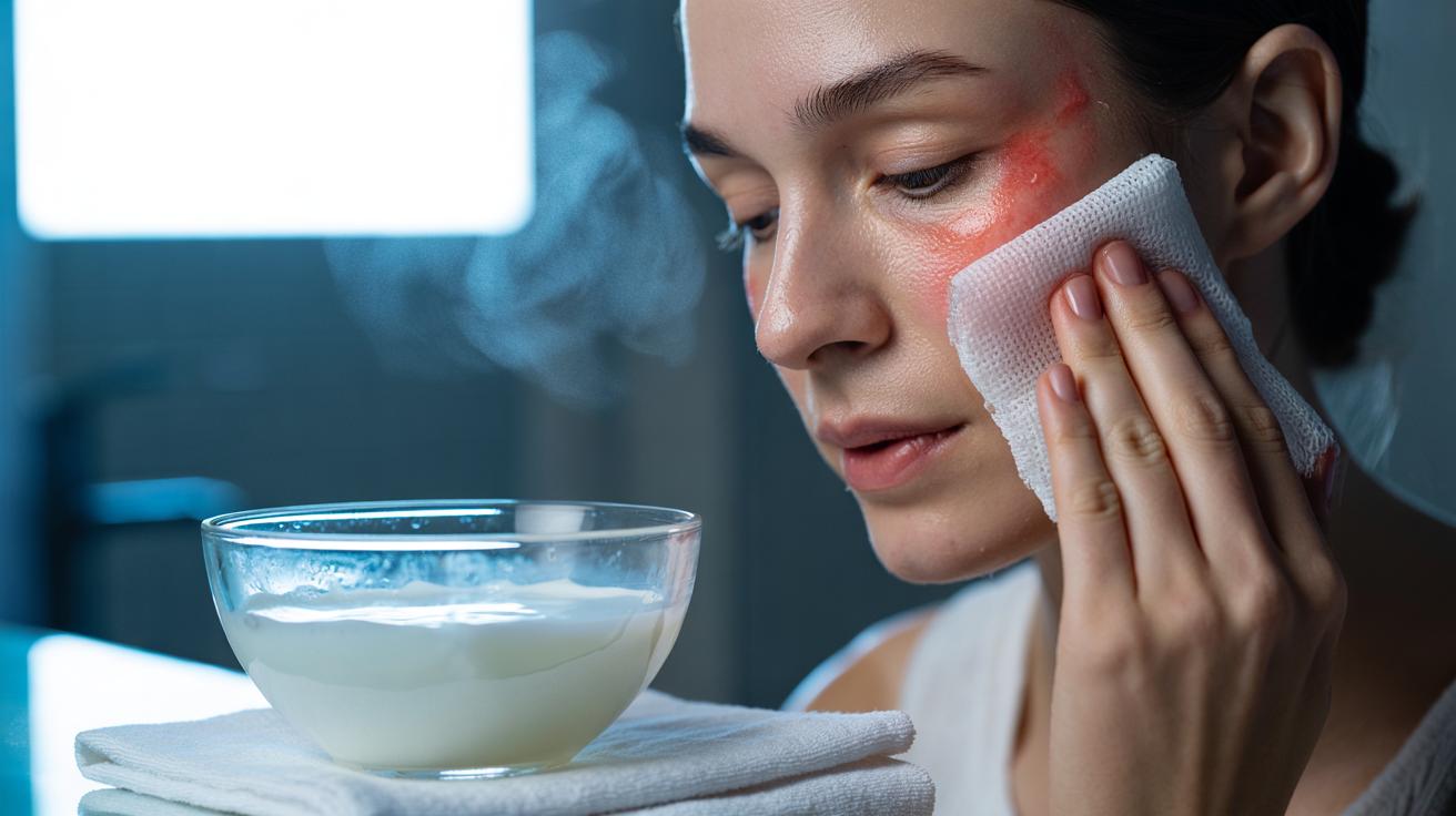 Illustration of a chilled milk-soaked gauze compress applied to facial skin irritated by a recent chemical peel
