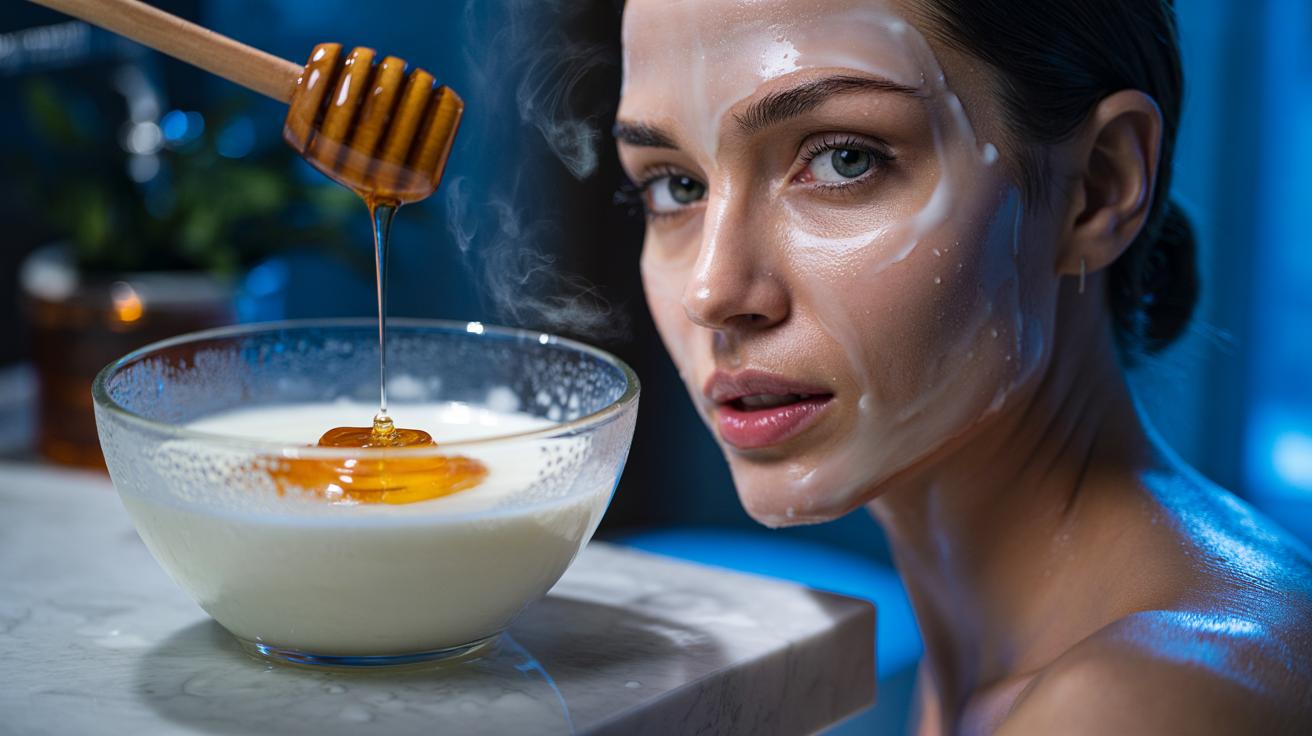 Illustration of a chilled milk and honey face mask being mixed in a bowl with a honey dipper and applied to clean skin to lock in moisture for glass skin overnight