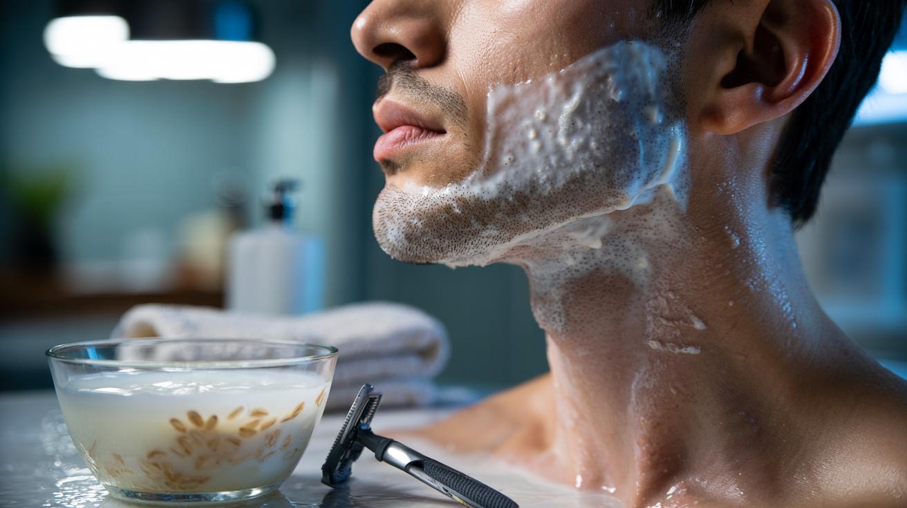 Illustration of a chilled milk-and-oats compress being applied to inflamed post-shave skin to calm razor bumps