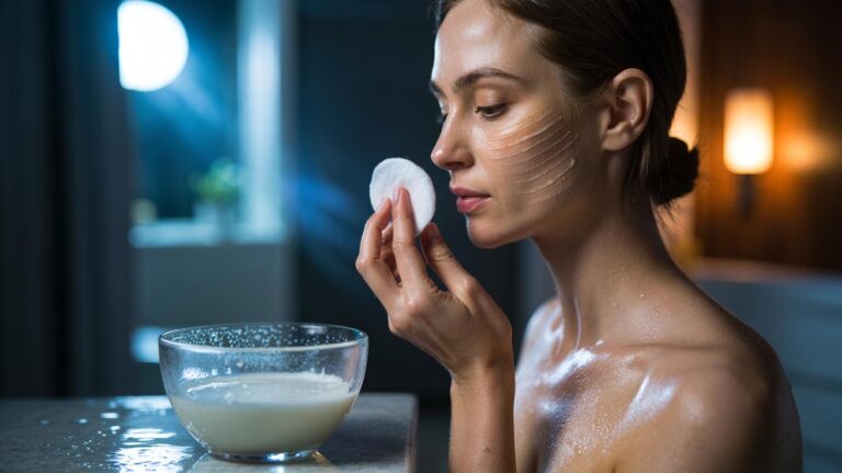 Illustration of a person gently pressing a chilled milk-soaked cotton pad onto sun-tan stains on the cheek to lift colour with lactic acid