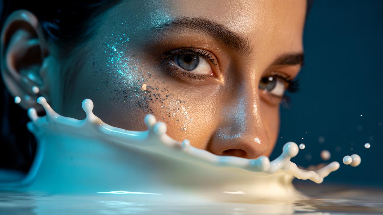 Illustration of a cold milk splash gently lifting glitter makeup as milk fats dissolve the adhesive