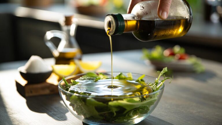 Illustration of cold oil being drizzled over salad greens to create a protective coat that slows wilting
