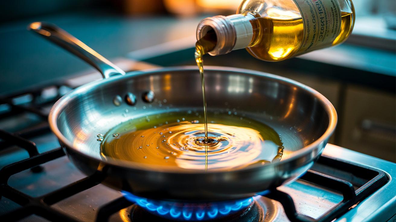 Illustration of a preheated stainless steel pan on a hob with room-temperature oil being added to prevent sticking using the cold oil, hot pan technique