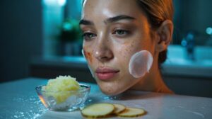Illustration of a chilled potato mask being applied to facial skin to help fade post-acne brown spots using natural enzymes