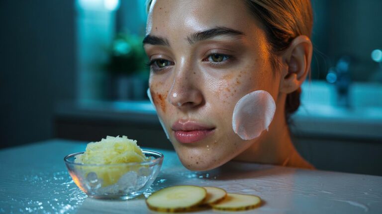 Illustration of a chilled potato mask being applied to facial skin to help fade post-acne brown spots using natural enzymes