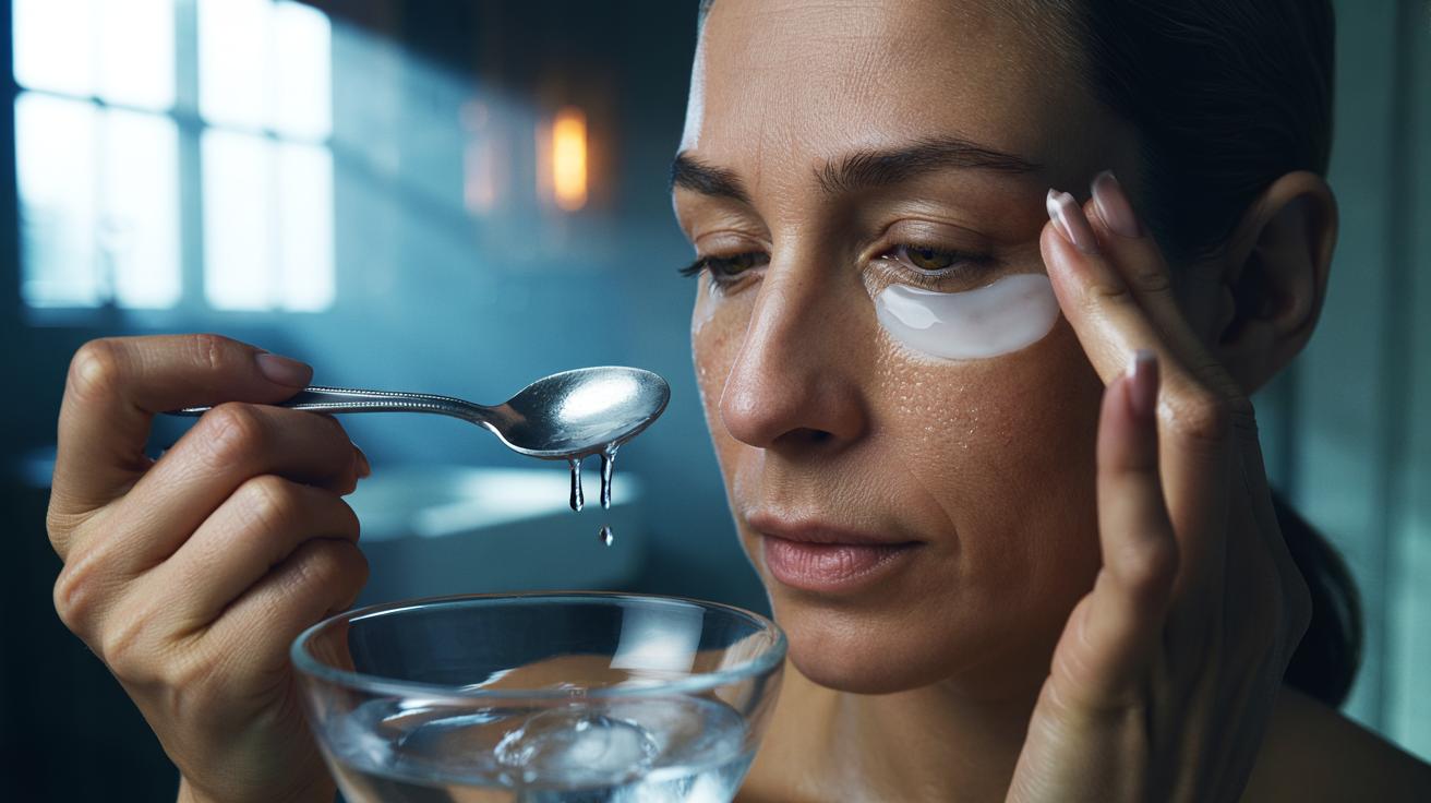 Illustration of a person de-puffing under-eye bags with a chilled spoon and pressing on a prep eye cream