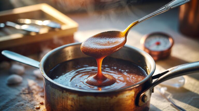 Illustration of a chilled metal spoon coated with glossy sugar syrup showing the soft-ball stage for fudge