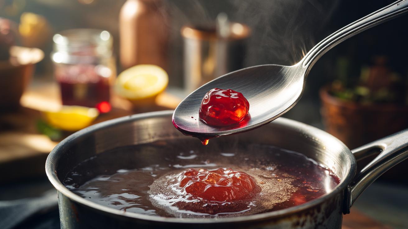 Illustration of the cold spoon test showing the wrinkle stage for a perfect jam set