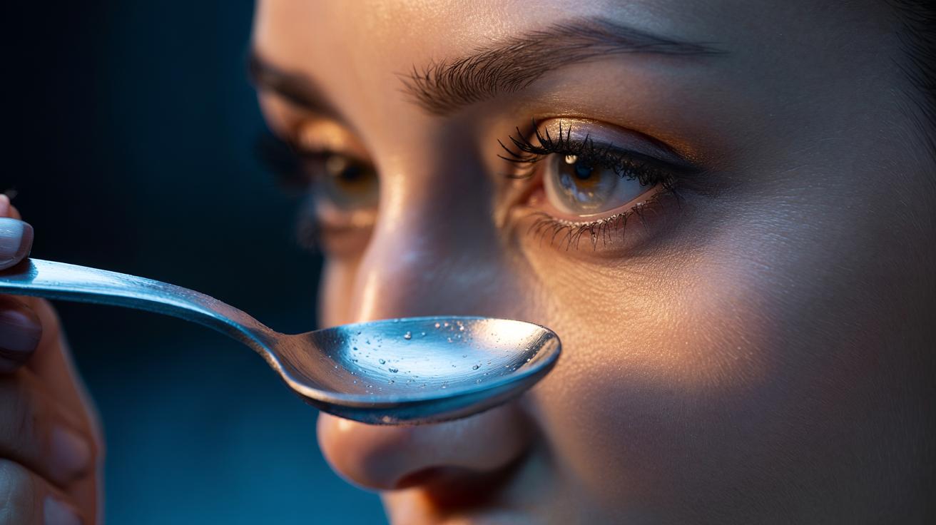 Illustration of a chilled metal teaspoon held under the upper eyelashes to lift and curl them as semi-wet mascara sets