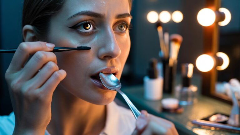 Illustration of a person placing a chilled teaspoon under the tongue while applying eyeliner to reduce watery eyes
