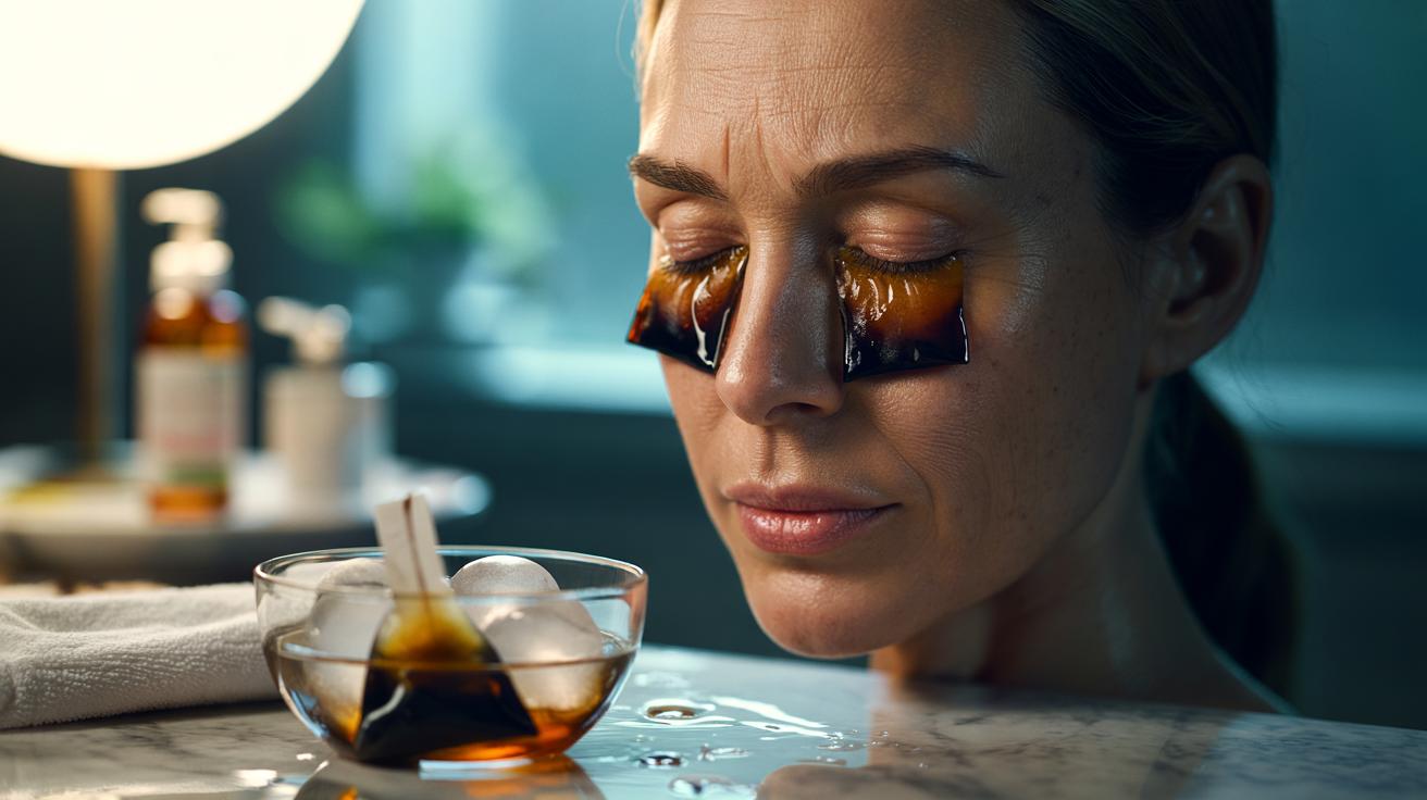 Illustration of a person applying chilled caffeinated teabags to closed eyes to reduce crow’s feet puffiness