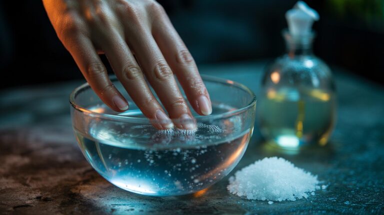 Illustration of hands soaking in cold water with Epsom salt to strengthen nails and nourish cuticles