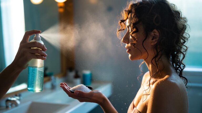 Illustration of cold water mist and sea salt spray being applied to curly hair to create soft, defined curls with all-day hold without crunch