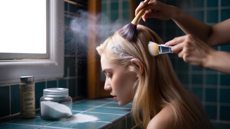 Illustration of a blonde person applying a cornstarch and baby powder dry shampoo with a makeup brush at the roots, then brushing for no visible white residue