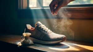 Illustration of cornstarch powder being sprinkled into a shoe to absorb sweat and odour