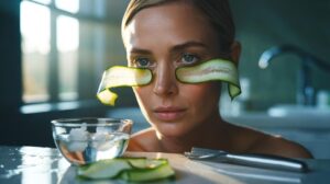 Illustration of a person applying chilled cucumber peels under the eyes to reduce dark circles and puffiness