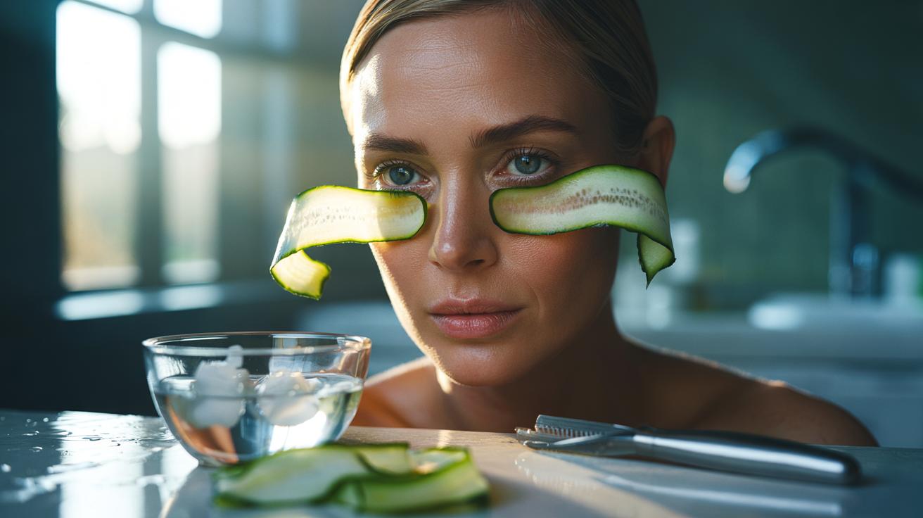 Illustration of a person applying chilled cucumber peels under the eyes to reduce dark circles and puffiness