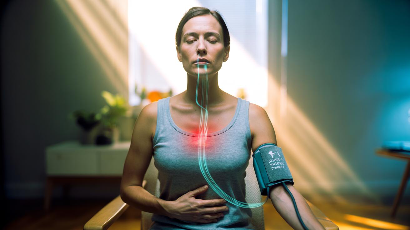 Illustration of a person practising slow nasal breathing with a brief pause to activate the parasympathetic system and lower blood pressure