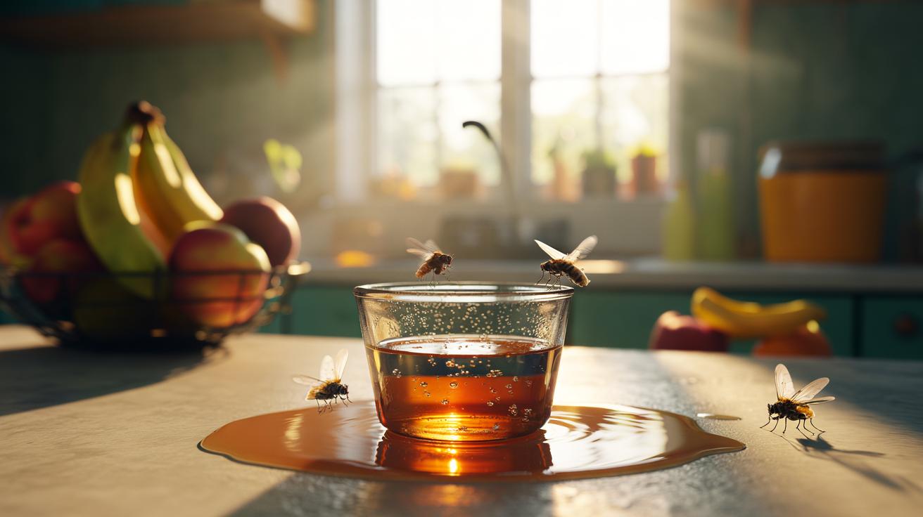 Illustration of a dish soap bubble trap using sweet scent to lure fruit flies and reduced surface tension to drown them