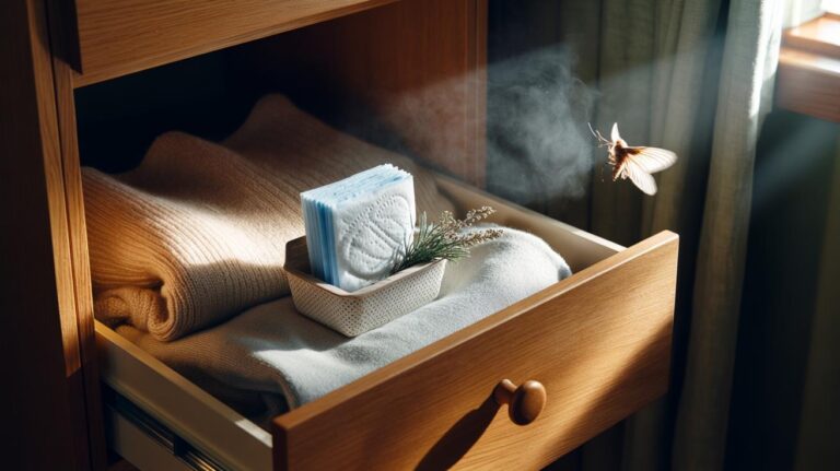 Illustration of a dryer sheet tucked inside a wardrobe drawer to repel clothes moths with scent